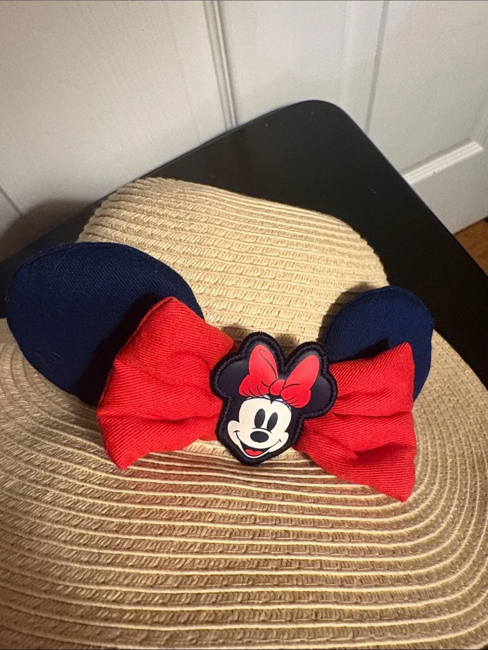 Disney Tan Sun Hat with Minnie Mouse, Blue Ears and Red Bow Velcro chin strap